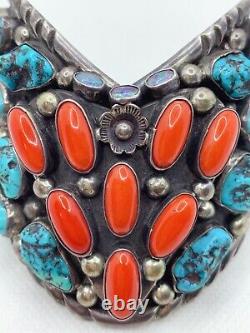 VTG Native Navajo Sterling Silver Turquoise Coral Opal Cuff Bracelet 177g