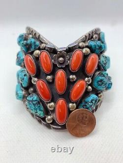 VTG Native Navajo Sterling Silver Turquoise Coral Opal Cuff Bracelet 177g