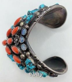 VTG Native Navajo Sterling Silver Turquoise Coral Opal Cuff Bracelet 177g