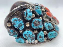 VTG Native Navajo Sterling Silver Turquoise Coral Opal Cuff Bracelet 177g