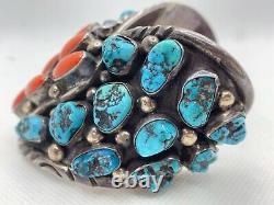 VTG Native Navajo Sterling Silver Turquoise Coral Opal Cuff Bracelet 177g