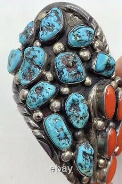 VTG Native Navajo Sterling Silver Turquoise Coral Opal Cuff Bracelet 177g