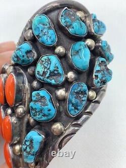 VTG Native Navajo Sterling Silver Turquoise Coral Opal Cuff Bracelet 177g