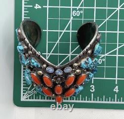 VTG Native Navajo Sterling Silver Turquoise Coral Opal Cuff Bracelet 177g