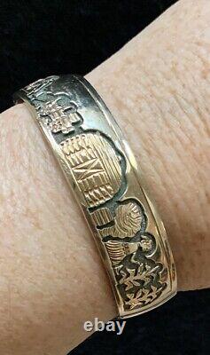 VTG Navajo 14k Gold Carved Overlay Sterling Silver Storyteller Cuff Bracelet