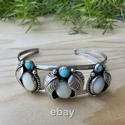 VTG Navajo Cuff Bracelet Size 6.25 MOP Shell Blue Turquoise 925 Sterling 14.8g