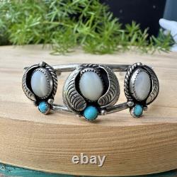 VTG Navajo Cuff Bracelet Size 6.25 MOP Shell Blue Turquoise 925 Sterling 14.8g