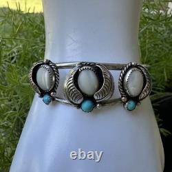 VTG Navajo Cuff Bracelet Size 6.25 MOP Shell Blue Turquoise 925 Sterling 14.8g