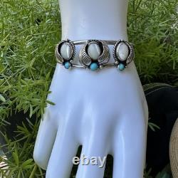 VTG Navajo Cuff Bracelet Size 6.25 MOP Shell Blue Turquoise 925 Sterling 14.8g