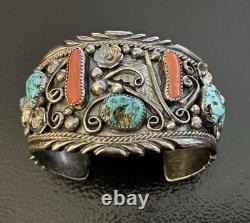 VTG Navajo Heavy Turquoise Coral Sterling Silver Cuff