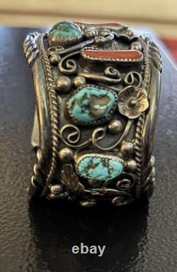 VTG Navajo Heavy Turquoise Coral Sterling Silver Cuff