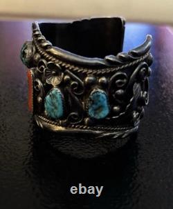 VTG Navajo Heavy Turquoise Coral Sterling Silver Cuff