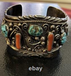 VTG Navajo Heavy Turquoise Coral Sterling Silver Cuff