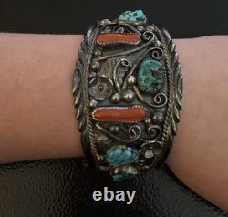 VTG Navajo Heavy Turquoise Coral Sterling Silver Cuff