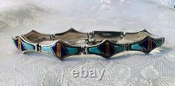 VTG Navajo Sterling Silver Turquoise Lapis Coral Inlaid Bracelet 24.3g