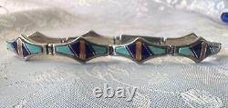 VTG Navajo Sterling Silver Turquoise Lapis Coral Inlaid Bracelet 24.3g