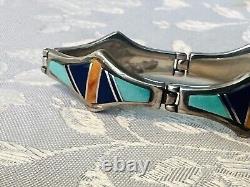 VTG Navajo Sterling Silver Turquoise Lapis Coral Inlaid Bracelet 24.3g