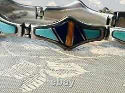 VTG Navajo Sterling Silver Turquoise Lapis Coral Inlaid Bracelet 24.3g