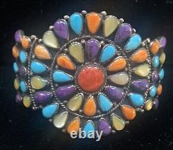 VTG Navajo Sterling Silver Turquoise Shell Rainbow Cluster Cuff Bracelet