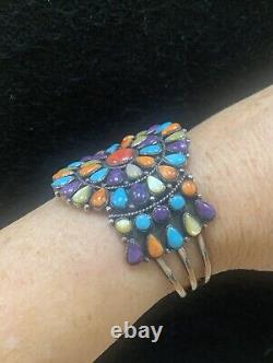 VTG Navajo Sterling Silver Turquoise Shell Rainbow Cluster Cuff Bracelet