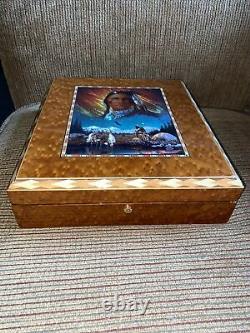 VTG RUANE MANNING NATIVE AMERICAN WARRIOR INLAID WOOD With LOCK JEWELRY BOXNEW