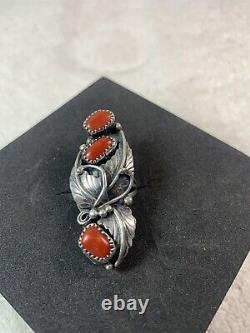 VTG Ring 3 Stone Coral Leaf, Tendrils Sterling, Size 7, Signed DL, BEAUTIFUL