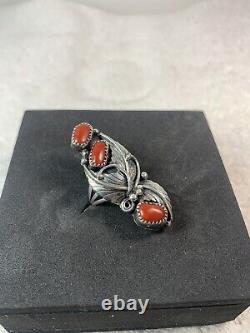 VTG Ring 3 Stone Coral Leaf, Tendrils Sterling, Size 7, Signed DL, BEAUTIFUL