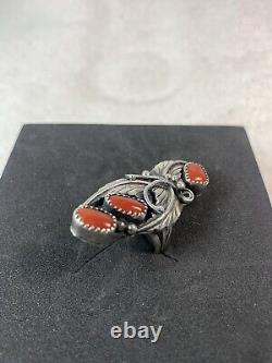 VTG Ring 3 Stone Coral Leaf, Tendrils Sterling, Size 7, Signed DL, BEAUTIFUL