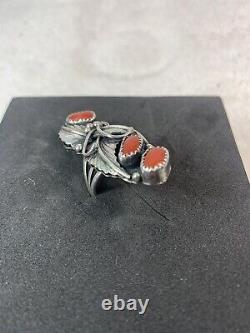 VTG Ring 3 Stone Coral Leaf, Tendrils Sterling, Size 7, Signed DL, BEAUTIFUL