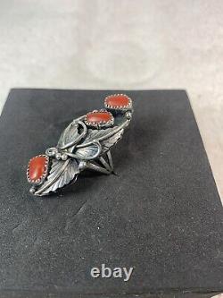 VTG Ring 3 Stone Coral Leaf, Tendrils Sterling, Size 7, Signed DL, BEAUTIFUL