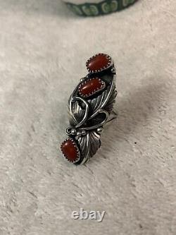 VTG Ring 3 Stone Coral Leaf, Tendrils Sterling, Size 7, Signed DL, BEAUTIFUL