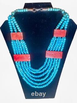 VTG Signed Santo Domingo Turquoise Necklace 6 Strand Spiny Oyster Sterling Clasp