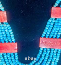 VTG Signed Santo Domingo Turquoise Necklace 6 Strand Spiny Oyster Sterling Clasp