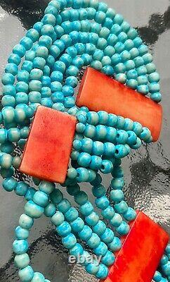 VTG Signed Santo Domingo Turquoise Necklace 6 Strand Spiny Oyster Sterling Clasp