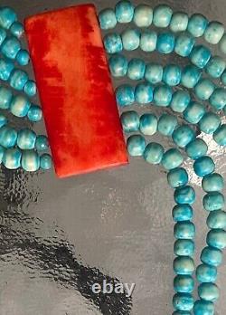 VTG Signed Santo Domingo Turquoise Necklace 6 Strand Spiny Oyster Sterling Clasp