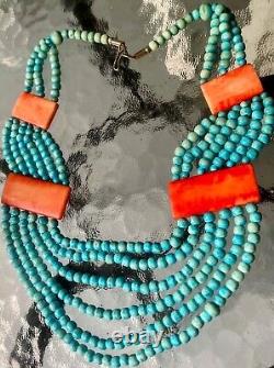 VTG Signed Santo Domingo Turquoise Necklace 6 Strand Spiny Oyster Sterling Clasp