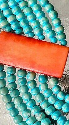 VTG Signed Santo Domingo Turquoise Necklace 6 Strand Spiny Oyster Sterling Clasp