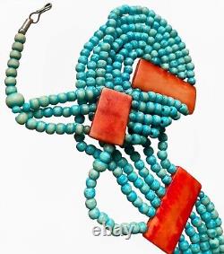 VTG Signed Santo Domingo Turquoise Necklace 6 Strand Spiny Oyster Sterling Clasp