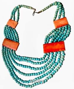 VTG Signed Santo Domingo Turquoise Necklace 6 Strand Spiny Oyster Sterling Clasp