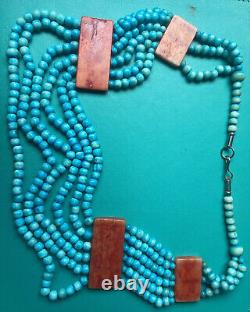 VTG Signed Santo Domingo Turquoise Necklace 6 Strand Spiny Oyster Sterling Clasp