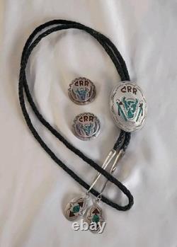VTG Southwest Sterling Silver Turquoise Coral Chip Inlay Bolo Tie & Earrings Set