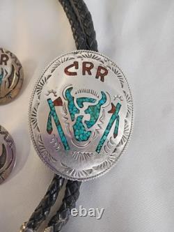 VTG Southwest Sterling Silver Turquoise Coral Chip Inlay Bolo Tie & Earrings Set