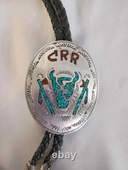 VTG Southwest Sterling Silver Turquoise Coral Chip Inlay Bolo Tie & Earrings Set