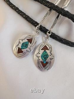 VTG Southwest Sterling Silver Turquoise Coral Chip Inlay Bolo Tie & Earrings Set