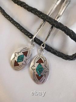 VTG Southwest Sterling Silver Turquoise Coral Chip Inlay Bolo Tie & Earrings Set