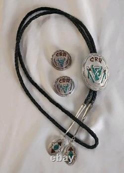 VTG Southwest Sterling Silver Turquoise Coral Chip Inlay Bolo Tie & Earrings Set
