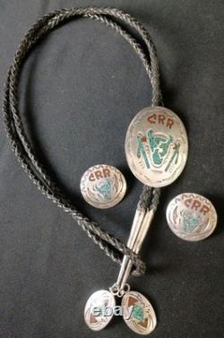 VTG Southwest Sterling Silver Turquoise Coral Chip Inlay Bolo Tie & Earrings Set
