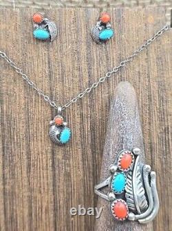 VTG Sterling Silver Native American Parure Jewelry Set Turquoise & Coral 3 Pc