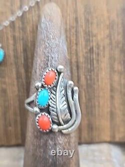 VTG Sterling Silver Native American Parure Jewelry Set Turquoise & Coral 3 Pc