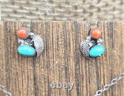 VTG Sterling Silver Native American Parure Jewelry Set Turquoise & Coral 3 Pc